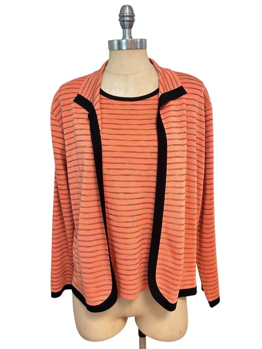 Exclusively Misook Striped Coral Black 2-Piece Cardigan Sweater Tank Set Medium